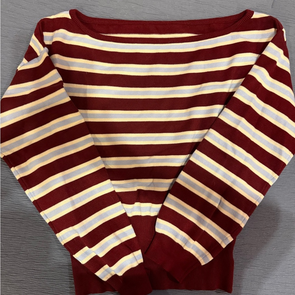 Cider Off-Shoulder Burgundy and Cream Striped Sweater
